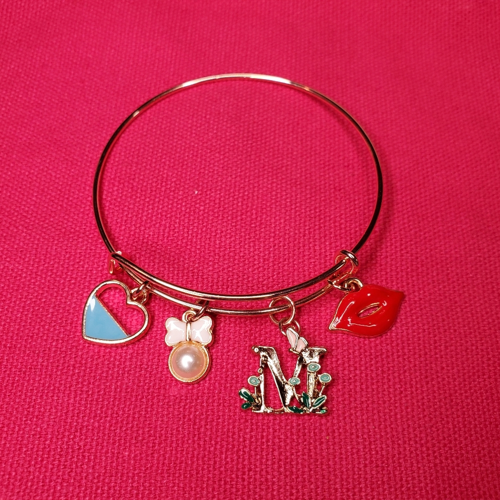 Handmade Expandable Rose Gold Bangle w/ Letter M Charm